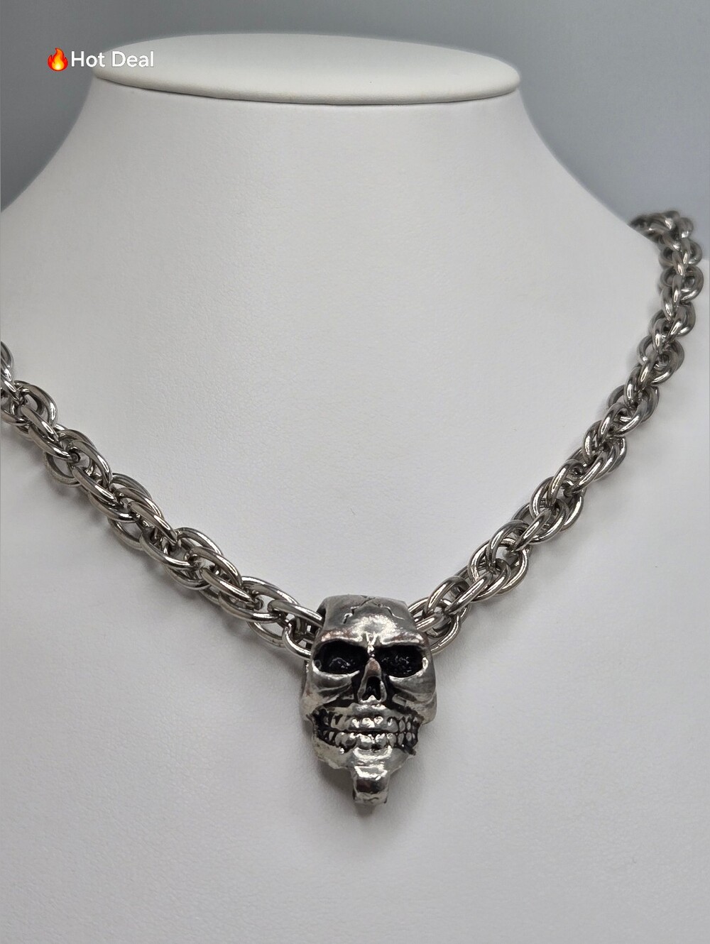 Gothic Skull Pendant Necklace Heavy Silver Tone Chain Punk Biker 29" - Picture 3 of 8